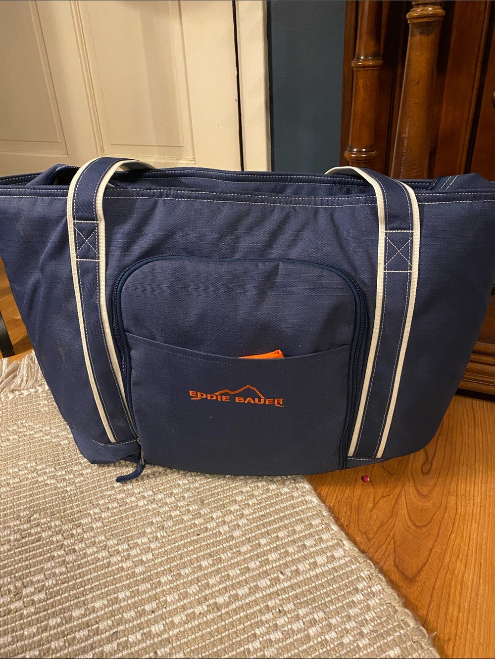 Eddie Bauer Large Navy Canvas Picnic Tote with White Trim and Orange Logo NWOT
